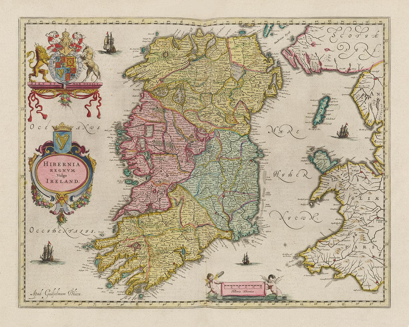 Mapa antiguo de Irlanda, Hibernia en 1654 por Joan Blaeu del Teatro Orbis Terrarum Sive Atlas Novus - Islas Británicas
