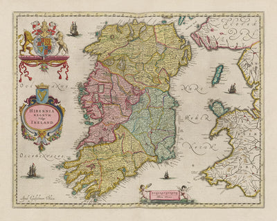 Mapa antiguo de Irlanda, Hibernia en 1654 por Joan Blaeu del Teatro Orbis Terrarum Sive Atlas Novus - Islas Británicas