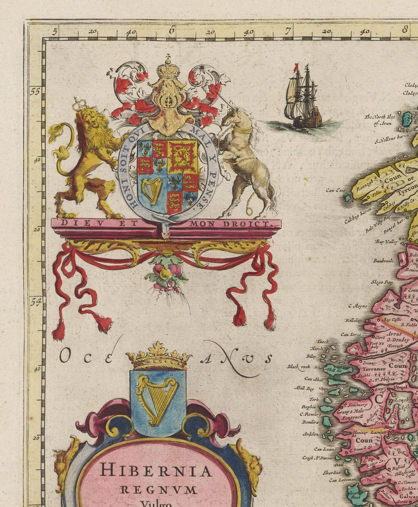 Mapa antiguo de Irlanda, Hibernia en 1654 por Joan Blaeu del Teatro Orbis Terrarum Sive Atlas Novus - Islas Británicas