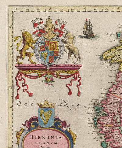 Mapa antiguo de Irlanda, Hibernia en 1654 por Joan Blaeu del Teatro Orbis Terrarum Sive Atlas Novus - Islas Británicas