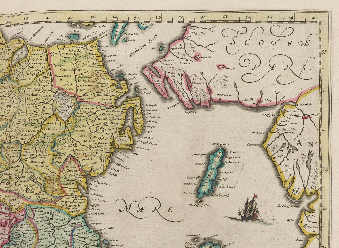 Mapa antiguo de Irlanda, Hibernia en 1654 por Joan Blaeu del Teatro Orbis Terrarum Sive Atlas Novus - Islas Británicas