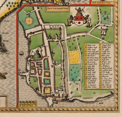 Alte Karte der Isle of Wight, 1611 von John Speed - Newport, Ride, Cowes, Sandown, Shanklin 