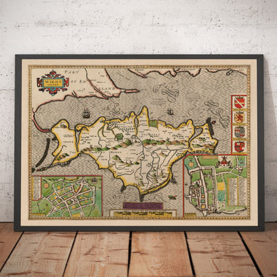 Alte Karte der Isle of Wight, 1611 von John Speed - Newport, Ride, Cowes, Sandown, Shanklin 