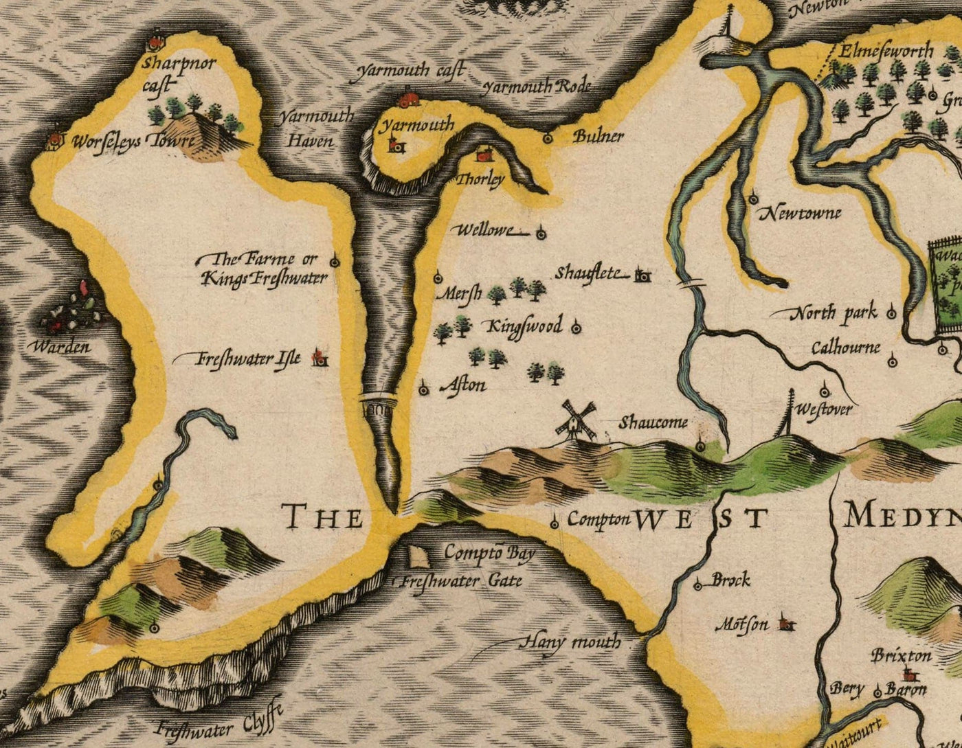 Alte Karte der Isle of Wight, 1611 von John Speed - Newport, Ride, Cowes, Sandown, Shanklin 