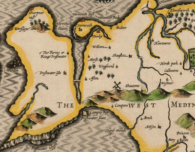 Alte Karte der Isle of Wight, 1611 von John Speed - Newport, Ride, Cowes, Sandown, Shanklin 