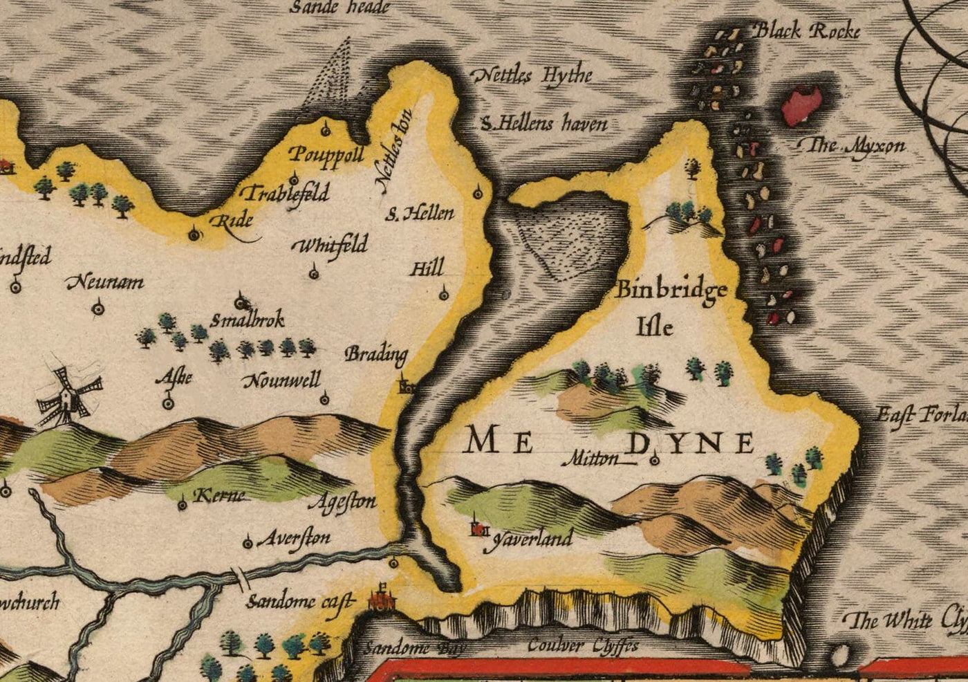 Alte Karte der Isle of Wight, 1611 von John Speed - Newport, Ride, Cowes, Sandown, Shanklin 