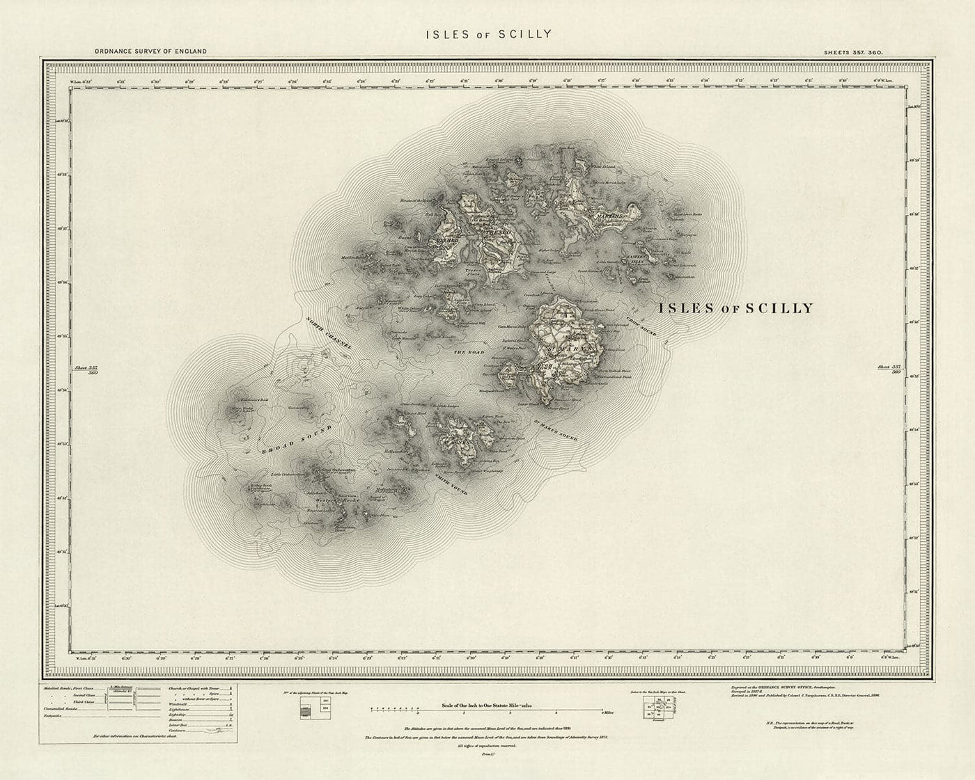 Old Map of Isles of Scilly, 1896 - St Mary, Martin, Agnes, Tresco, Bryher & Other Islands