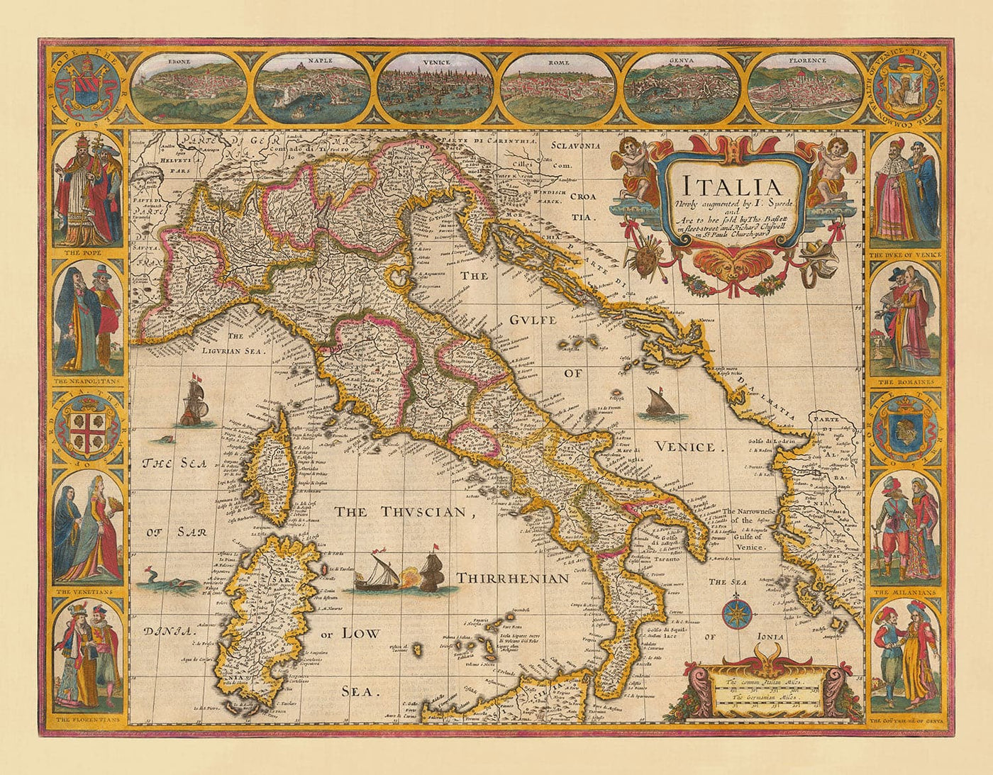Viejo mapa a mano de Italia, 1627 por John Speed ​​- Córcega, Cerdeña, Sicilia, Venecia, Roma, el Papa
