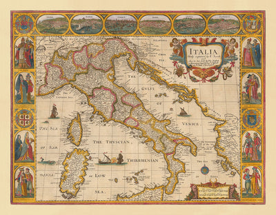 Viejo mapa a mano de Italia, 1627 por John Speed ​​- Córcega, Cerdeña, Sicilia, Venecia, Roma, el Papa
