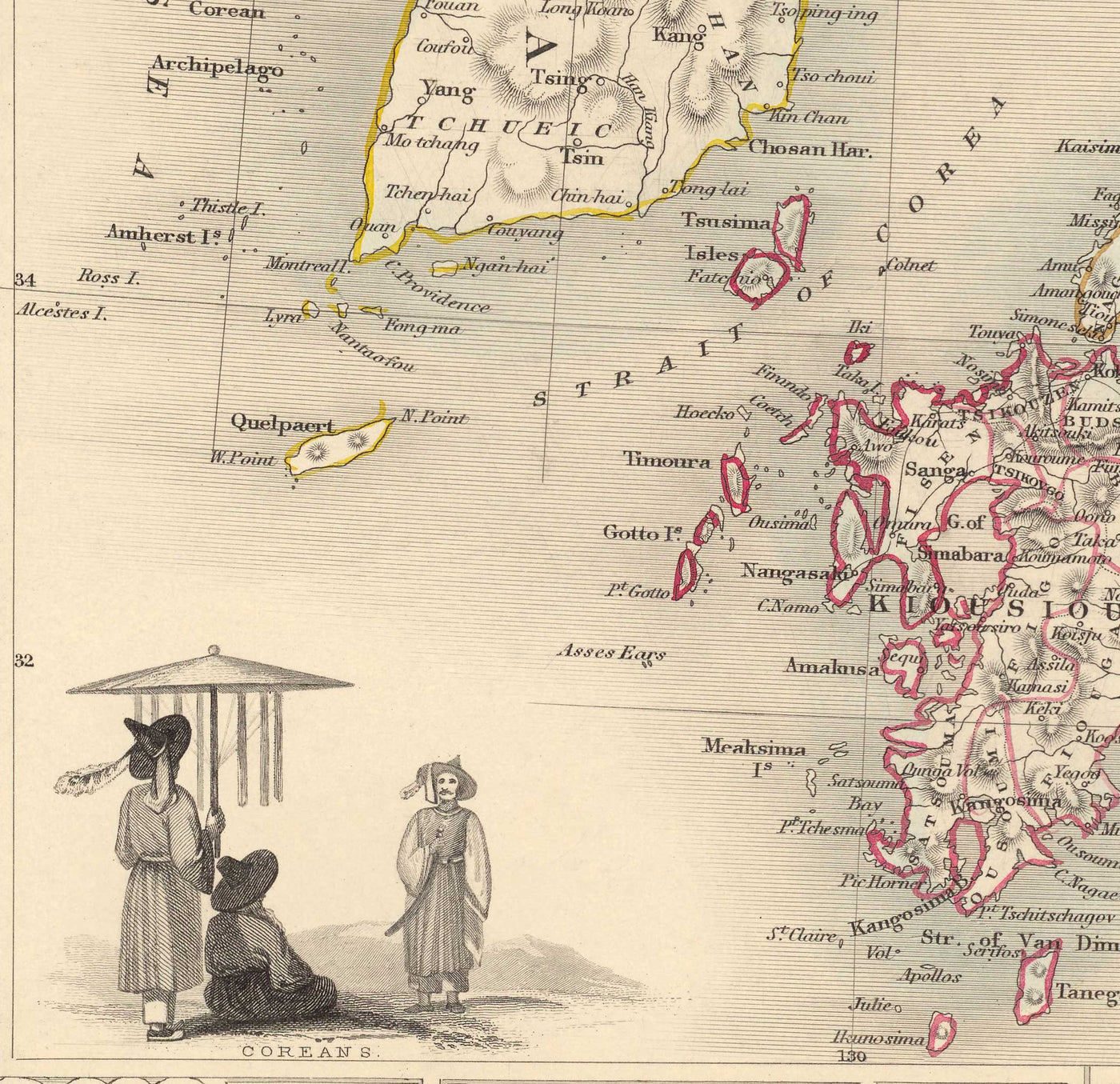 Old Map of Japan & Korea, 1851 by Tallis and Rapkin - Kyushu, Honshu, Shikoku, Hokkaido, Tokyo, Seoul