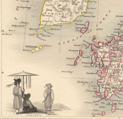 Old Map of Japan & Korea, 1851 by Tallis and Rapkin - Kyushu, Honshu, Shikoku, Hokkaido, Tokyo, Seoul