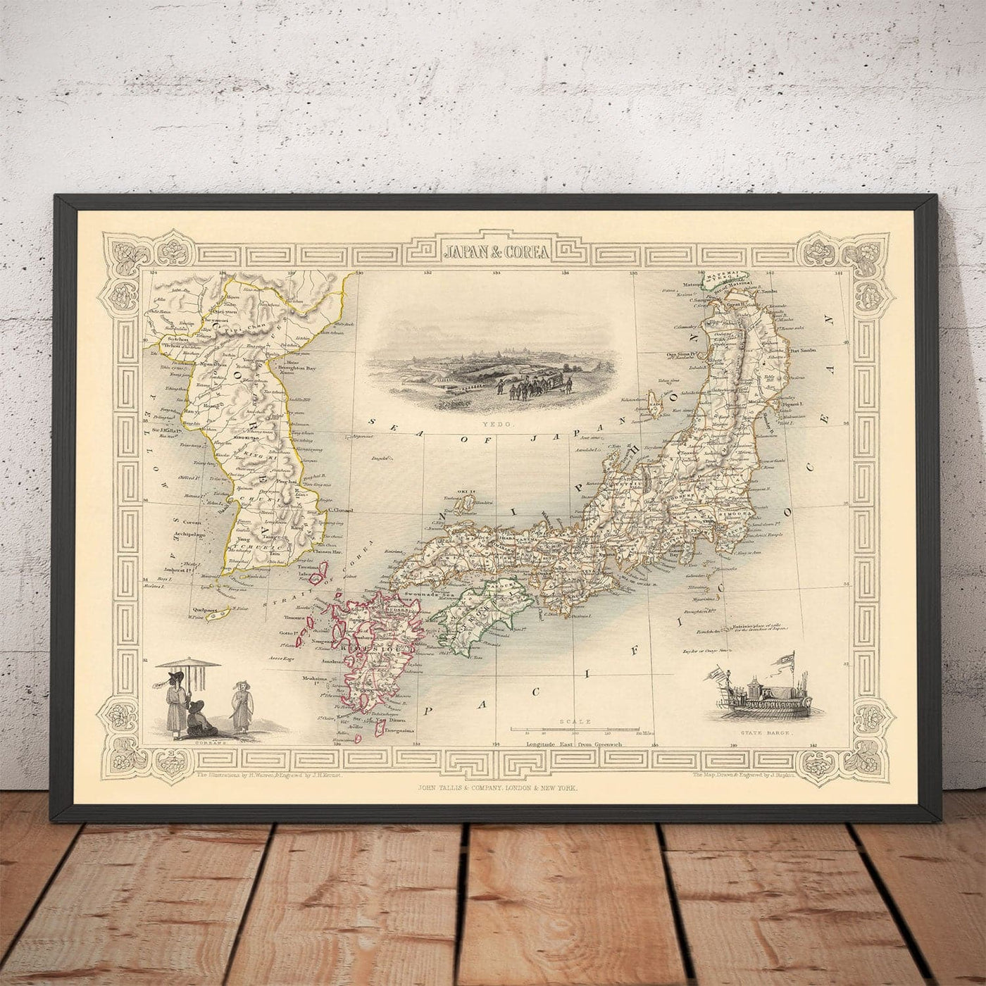 Old Map of Japan & Korea, 1851 by Tallis and Rapkin - Kyushu, Honshu, Shikoku, Hokkaido, Tokyo, Seoul