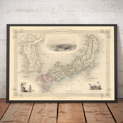 Old Map of Japan & Korea, 1851 by Tallis and Rapkin - Kyushu, Honshu, Shikoku, Hokkaido, Tokyo, Seoul