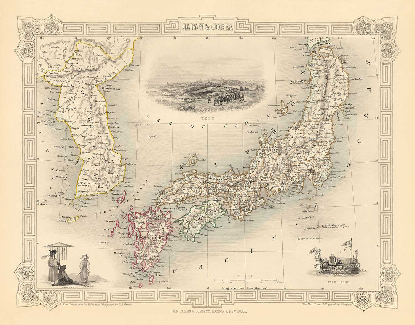 Old Map of Japan & Korea, 1851 by Tallis and Rapkin - Kyushu, Honshu, Shikoku, Hokkaido, Tokyo, Seoul