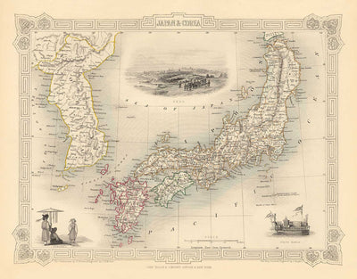Old Map of Japan & Korea, 1851 by Tallis and Rapkin - Kyushu, Honshu, Shikoku, Hokkaido, Tokyo, Seoul
