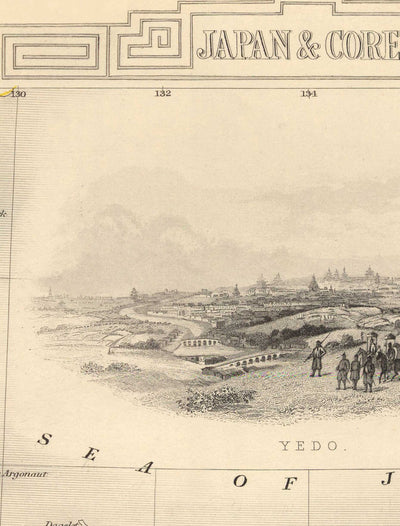 Old Map of Japan & Korea, 1851 by Tallis and Rapkin - Kyushu, Honshu, Shikoku, Hokkaido, Tokyo, Seoul