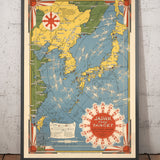 Mapa pictórico de la Segunda Guerra Mundial "Japón el objetivo", 1942 por Ernest Dudley Chase - Gráfico de bombardeo antiguo de la WW2 ilustrado - China, Japón, Corea 