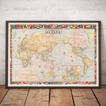 Old Japanese World Map, 1910 - Large Rare Atlas - Japan, Shipping Lanes, Currents, Merchant Navy, Railways