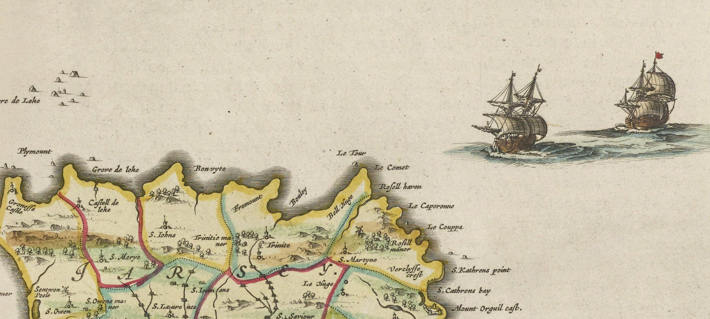 Old Map of Jersey and Guernsey, 1665 by Blaeu - English Channel Isles, Bailiwicks and Crown Dependencies, St Helier, Saint Peter Port