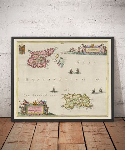 Old Map of Jersey and Guernsey, 1665 by Blaeu - English Channel Isles, Bailiwicks and Crown Dependencies, St Helier, Saint Peter Port