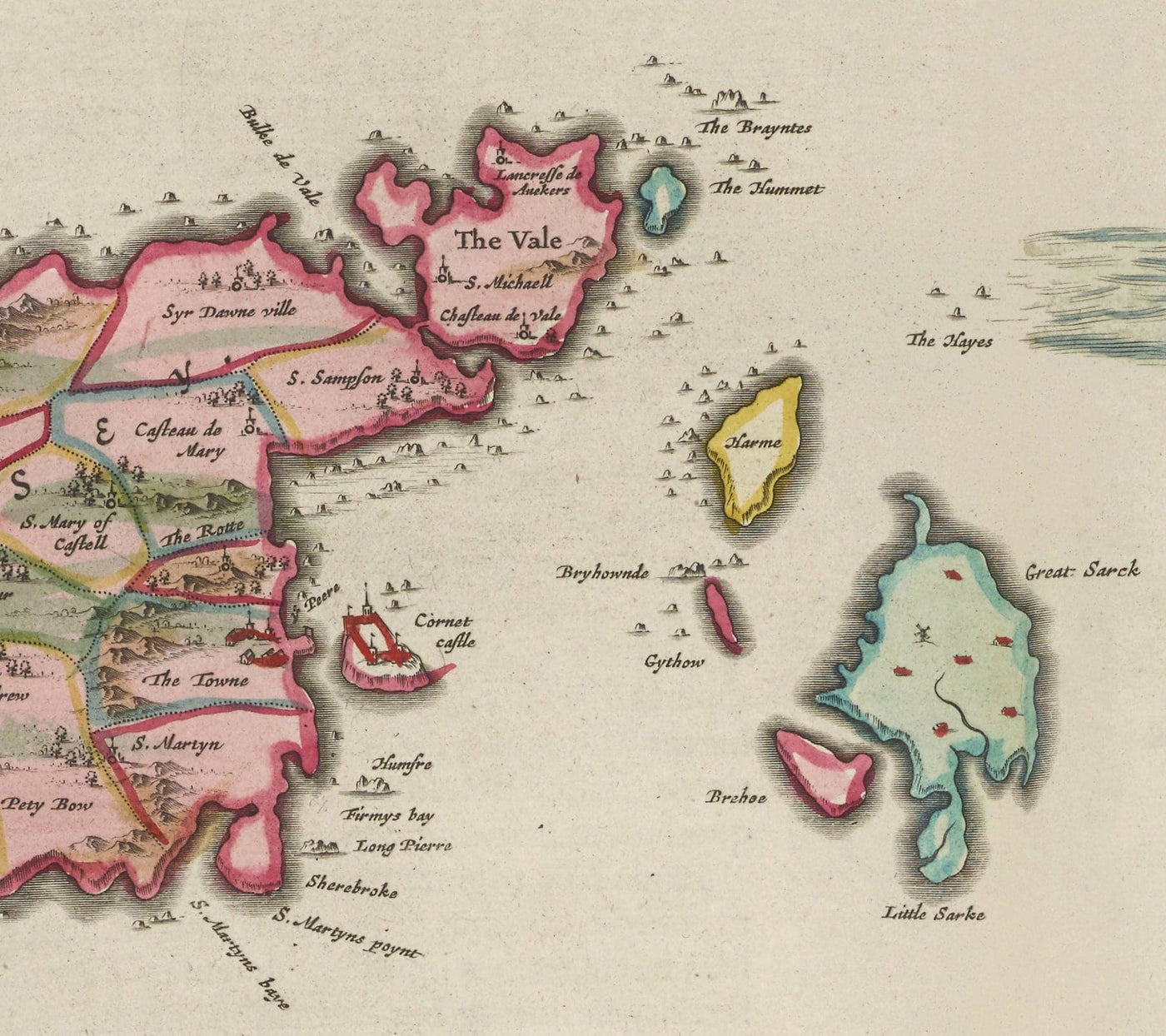 Old Map of Jersey and Guernsey, 1665 by Blaeu - English Channel Isles, Bailiwicks and Crown Dependencies, St Helier, Saint Peter Port