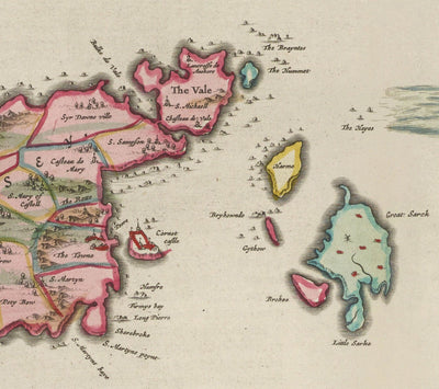 Old Map of Jersey and Guernsey, 1665 by Blaeu - English Channel Isles, Bailiwicks and Crown Dependencies, St Helier, Saint Peter Port