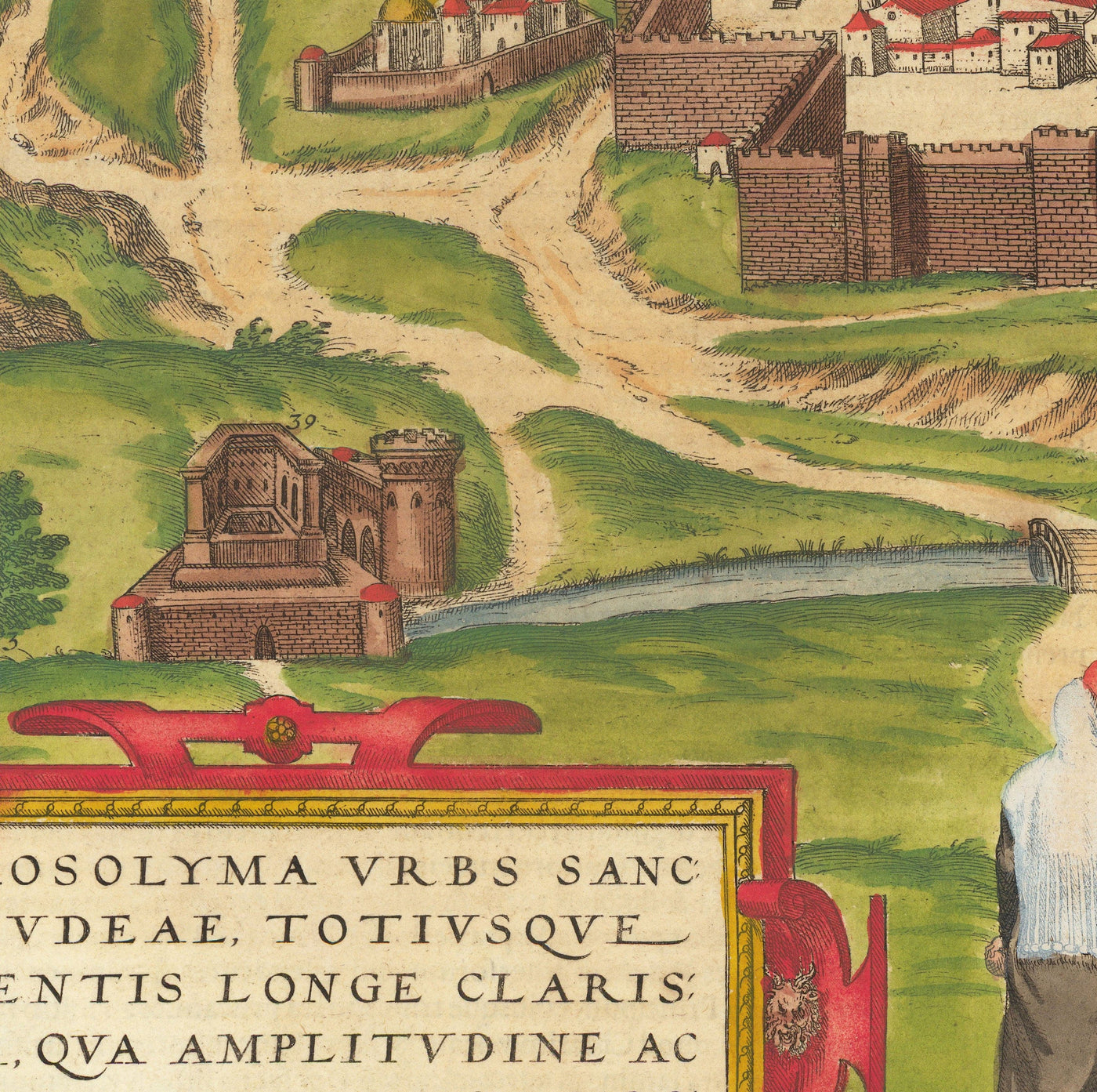 Old Map of Jerusalem, 1582 by Georg Braun - Jewish & Islam Old City, Temple Mount, City Walls, Tower of David, Jaffa Gate