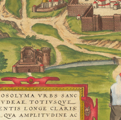 Old Map of Jerusalem, 1582 by Georg Braun - Jewish & Islam Old City, Temple Mount, City Walls, Tower of David, Jaffa Gate