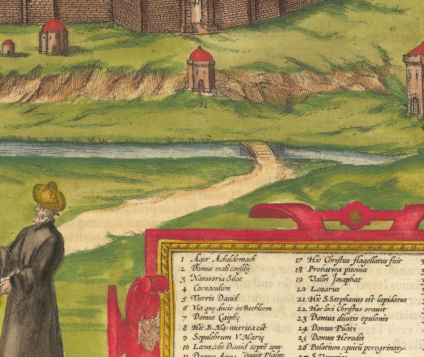 Old Map of Jerusalem, 1582 by Georg Braun - Jewish & Islam Old City, Temple Mount, City Walls, Tower of David, Jaffa Gate