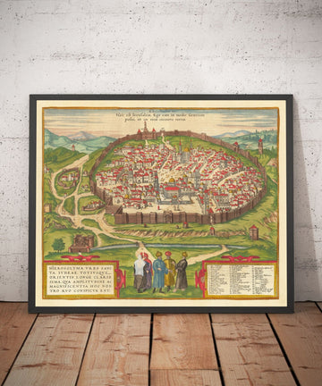 Mappa antica di Gerusalemme, 1582 di Georg Braun - Città Vecchia ebraica e islamica, Monte del Tempio, Mura della città, Torre di Davide, Porta di Giaffa 
