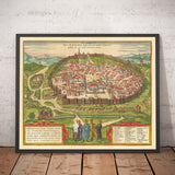 Alte Karte von Jerusalem, 1582 von Georg Braun - Jüdisches & Islamisches Altstadt, Tempelberg, Stadtmauern, Davidsturm, Jaffator 