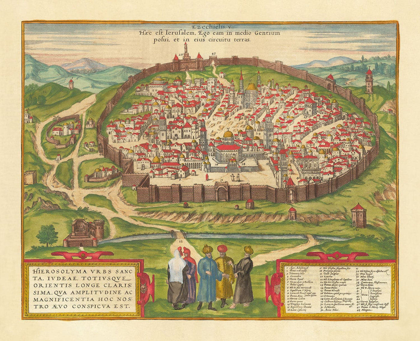 Old Map of Jerusalem, 1582 by Georg Braun - Jewish & Islam Old City, Temple Mount, City Walls, Tower of David, Jaffa Gate