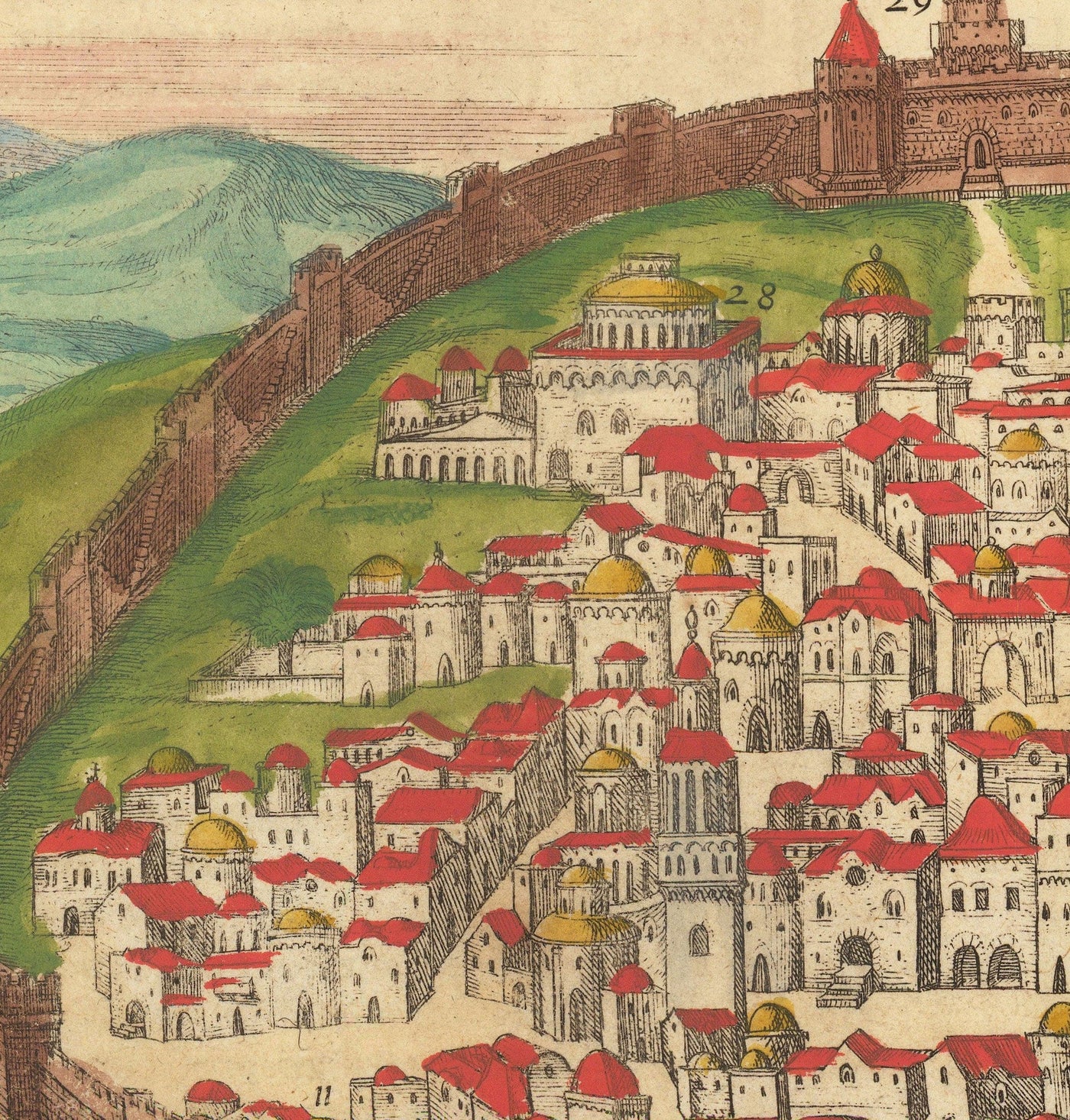 Old Map of Jerusalem, 1582 by Georg Braun - Jewish & Islam Old City, Temple Mount, City Walls, Tower of David, Jaffa Gate