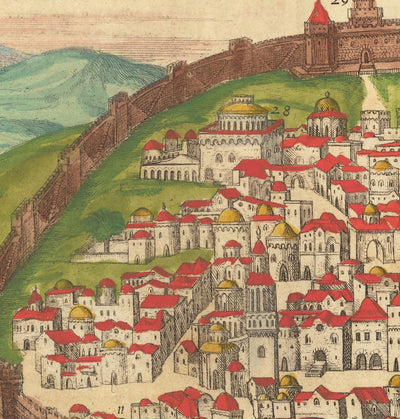 Old Map of Jerusalem, 1582 by Georg Braun - Jewish & Islam Old City, Temple Mount, City Walls, Tower of David, Jaffa Gate