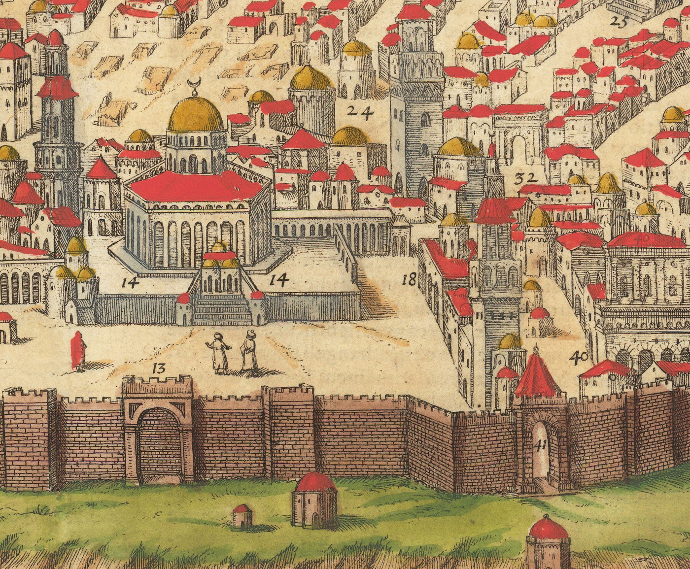 Old Map of Jerusalem, 1582 by Georg Braun - Jewish & Islam Old City, Temple Mount, City Walls, Tower of David, Jaffa Gate