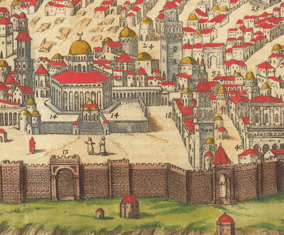Old Map of Jerusalem, 1582 by Georg Braun - Jewish & Islam Old City, Temple Mount, City Walls, Tower of David, Jaffa Gate