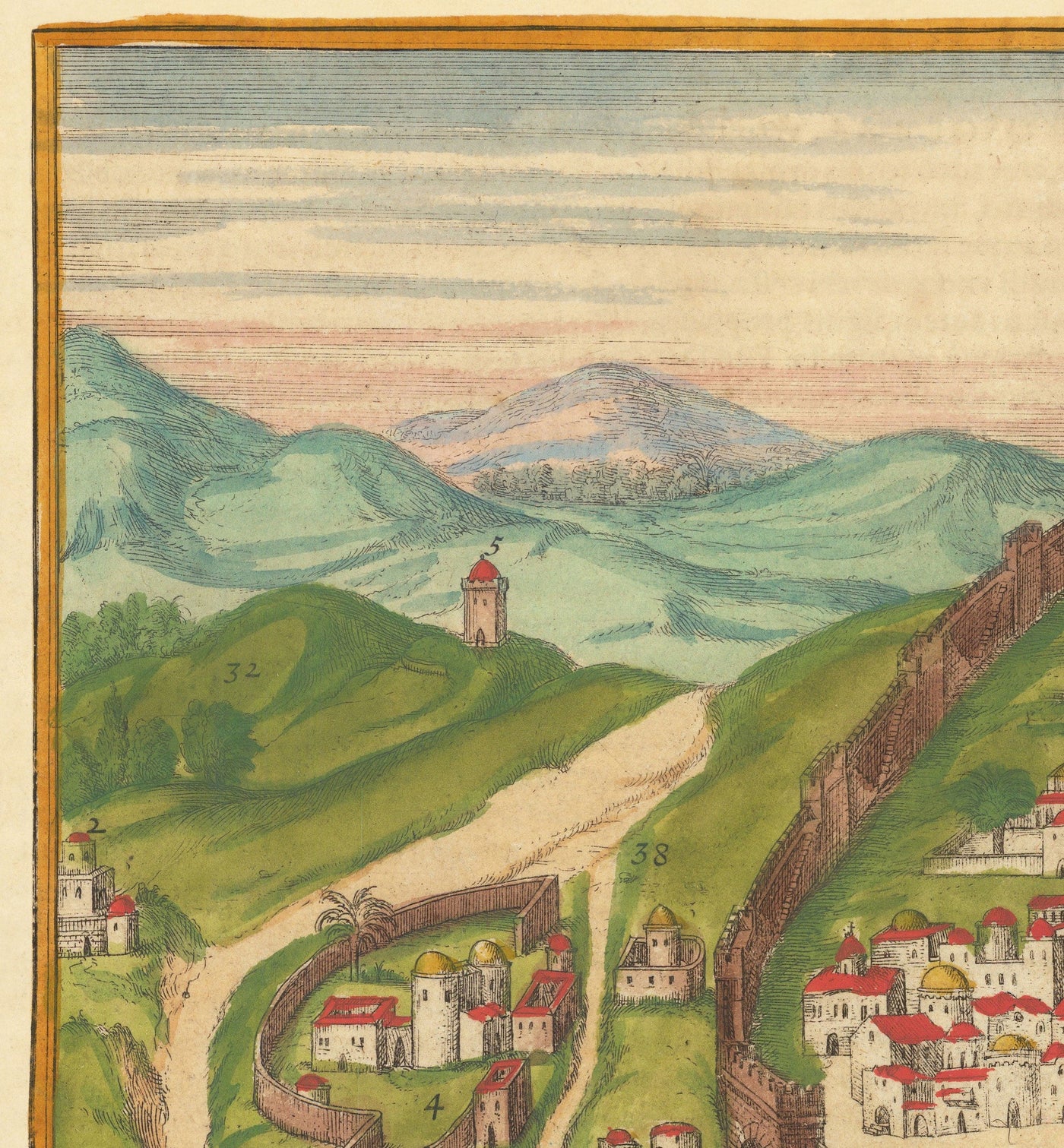 Old Map of Jerusalem, 1582 by Georg Braun - Jewish & Islam Old City, Temple Mount, City Walls, Tower of David, Jaffa Gate