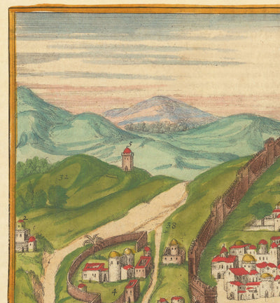 Old Map of Jerusalem, 1582 by Georg Braun - Jewish & Islam Old City, Temple Mount, City Walls, Tower of David, Jaffa Gate
