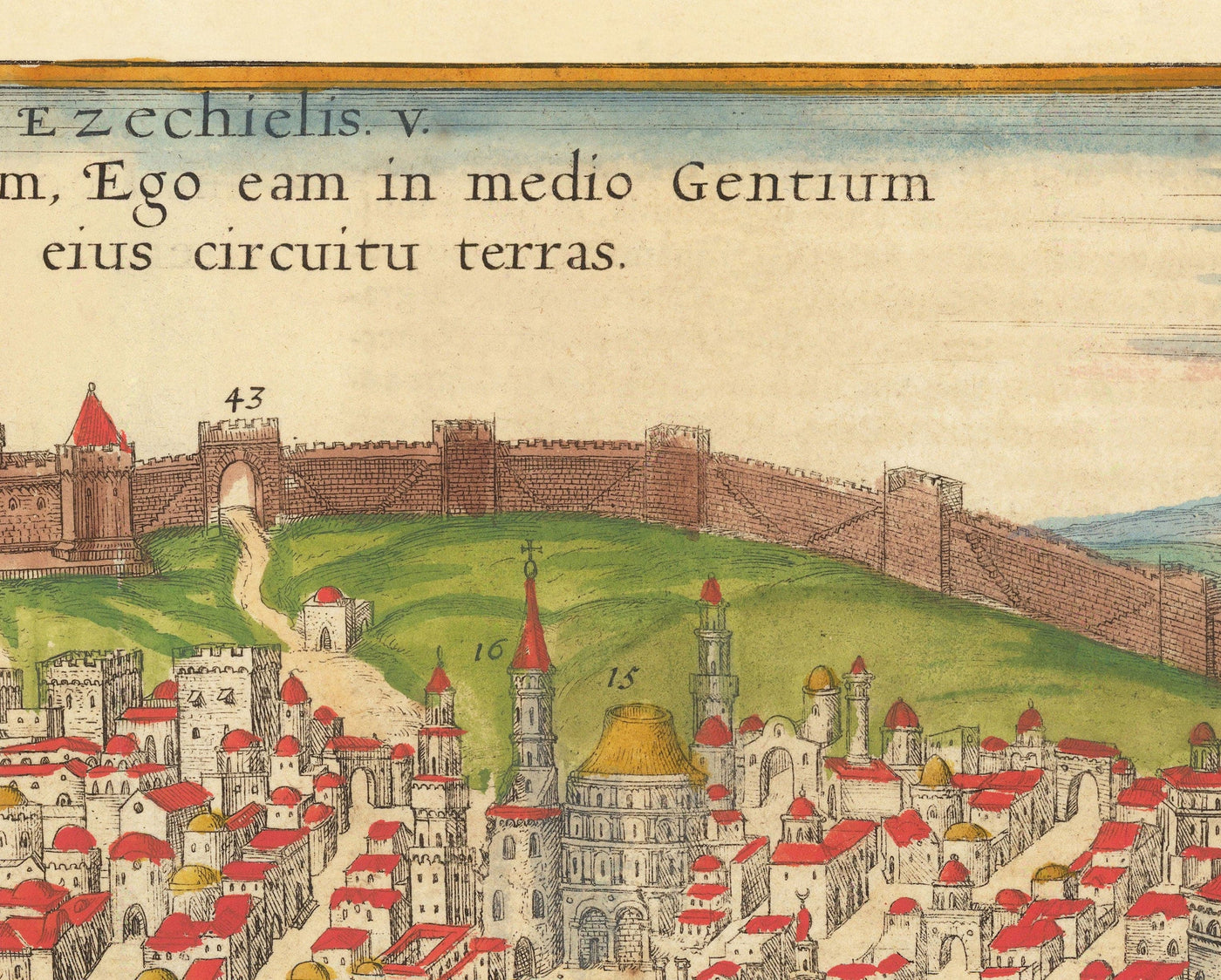 Old Map of Jerusalem, 1582 by Georg Braun - Jewish & Islam Old City, Temple Mount, City Walls, Tower of David, Jaffa Gate