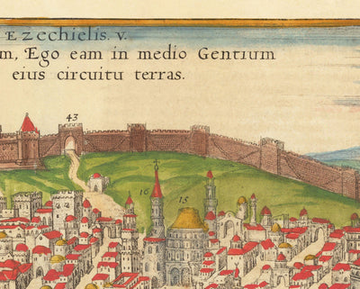Old Map of Jerusalem, 1582 by Georg Braun - Jewish & Islam Old City, Temple Mount, City Walls, Tower of David, Jaffa Gate