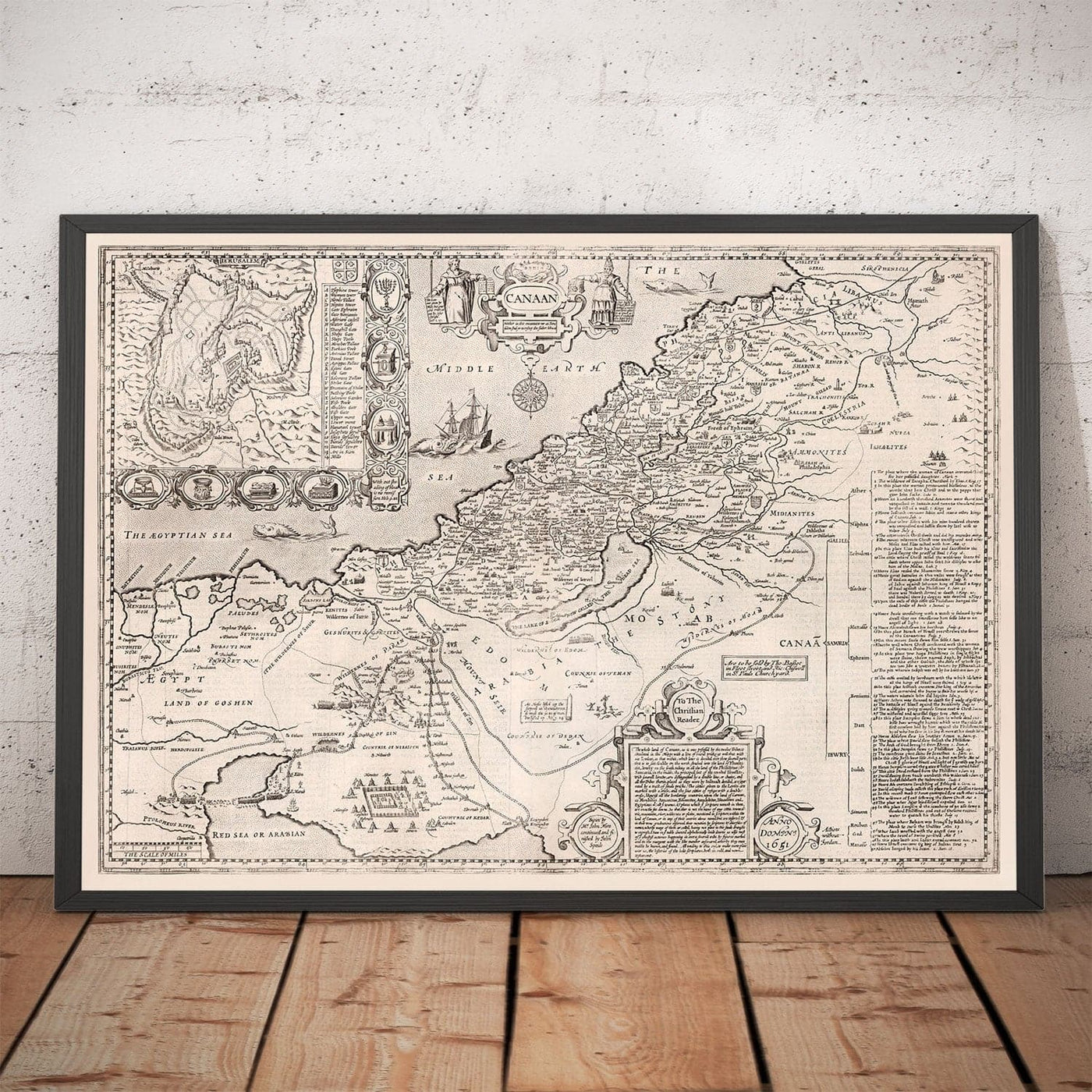 Mapa antiguo de Canaán, Israel, en 1627 por John Speed ​​- Jerusalén, Levant, Palestina, Middle East - Moses & Bible Tabla