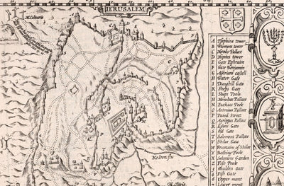 Mapa antiguo de Canaán, Israel, en 1627 por John Speed ​​- Jerusalén, Levant, Palestina, Middle East - Moses & Bible Tabla