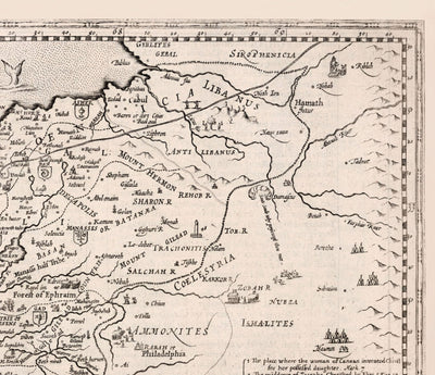 Mapa antiguo de Canaán, Israel, en 1627 por John Speed ​​- Jerusalén, Levant, Palestina, Middle East - Moses & Bible Tabla