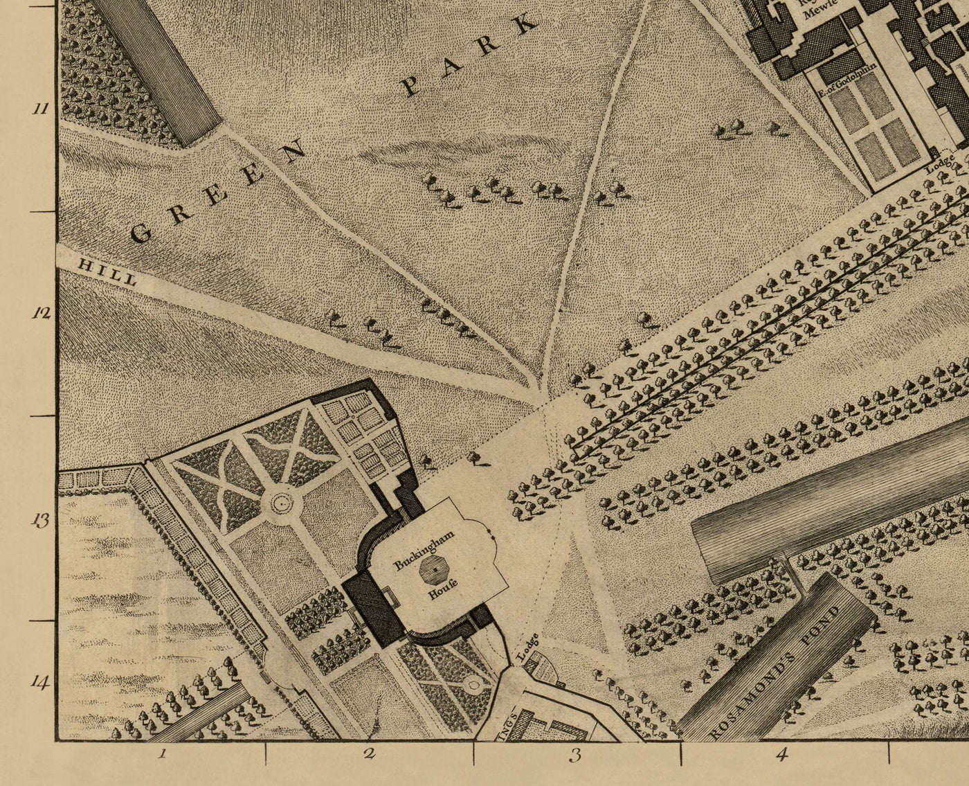 Ancienne carte de Londres, 1746 par John Rocque - B2 - Buckingham Palace, Soho, Westminster, Mayfair, Piccadilly, Green Park, Régents Street
