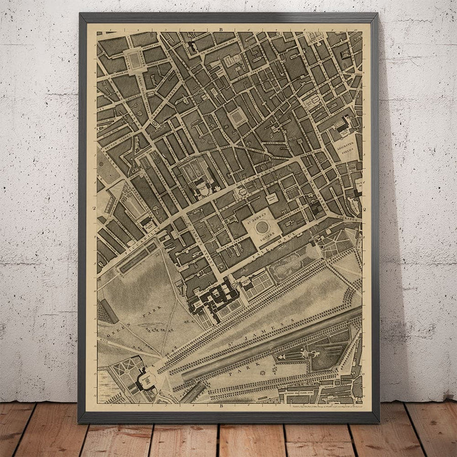 Ancienne carte de Londres, 1746 par John Rocque - B2 - Buckingham Palace, Soho, Westminster, Mayfair, Piccadilly, Green Park, Régents Street