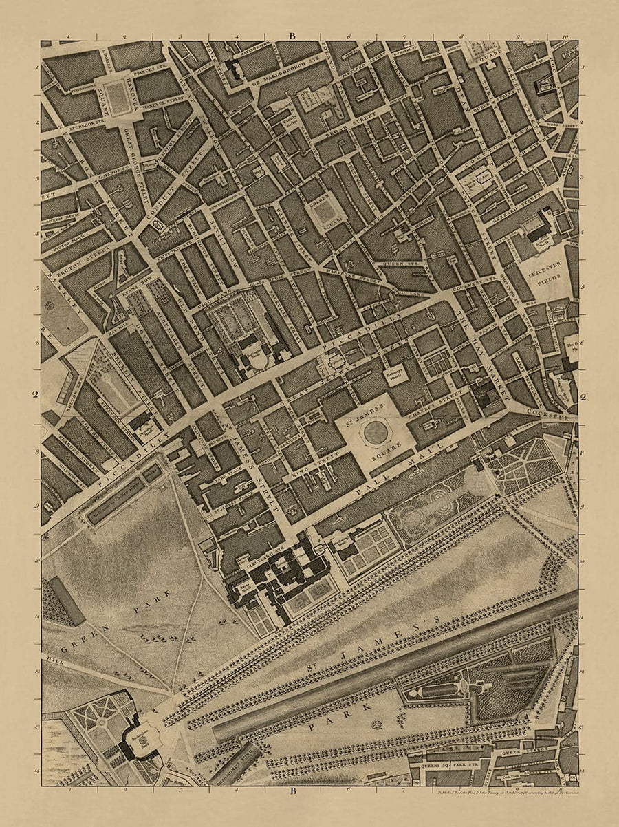 Ancienne carte de Londres, 1746 par John Rocque - B2 - Buckingham Palace, Soho, Westminster, Mayfair, Piccadilly, Green Park, Régents Street