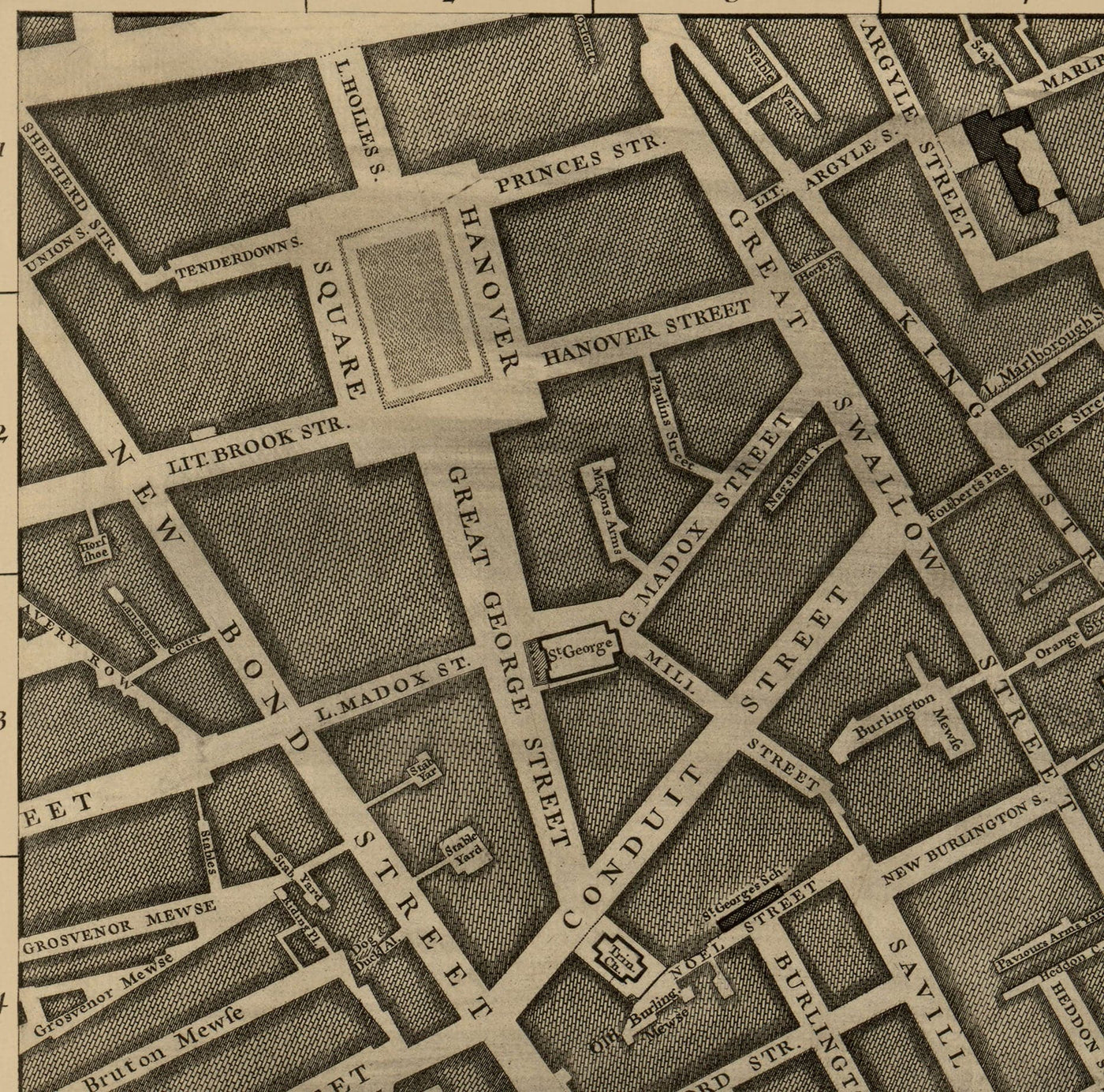 Ancienne carte de Londres, 1746 par John Rocque - B2 - Buckingham Palace, Soho, Westminster, Mayfair, Piccadilly, Green Park, Régents Street