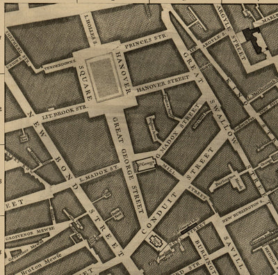 Ancienne carte de Londres, 1746 par John Rocque - B2 - Buckingham Palace, Soho, Westminster, Mayfair, Piccadilly, Green Park, Régents Street