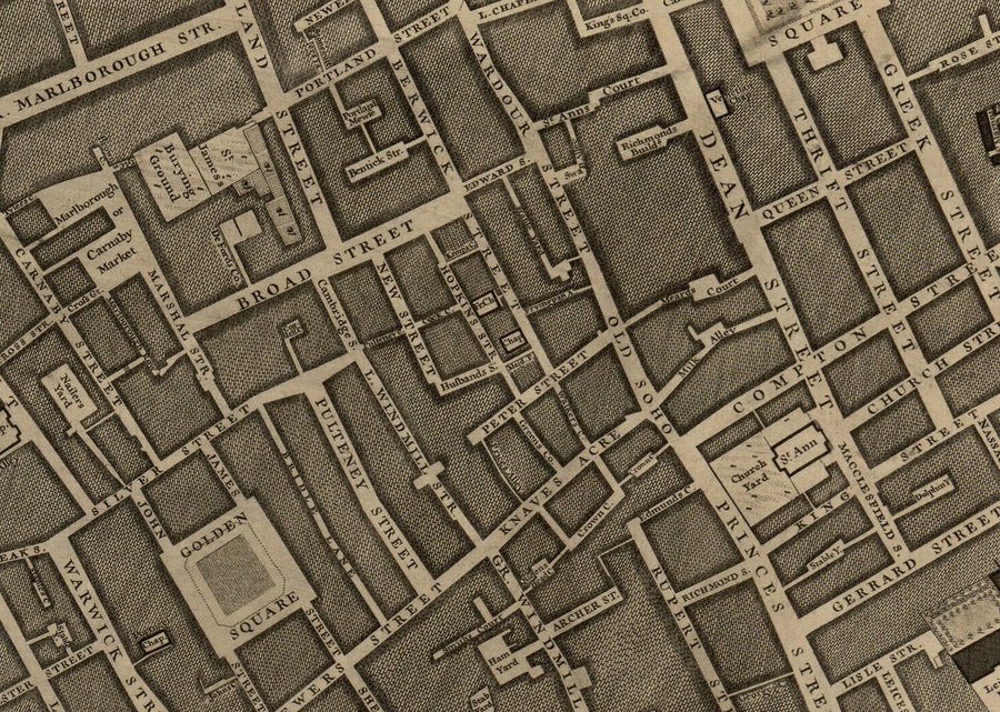 Ancienne carte de Londres, 1746 par John Rocque - B2 - Buckingham Palace, Soho, Westminster, Mayfair, Piccadilly, Green Park, Régents Street