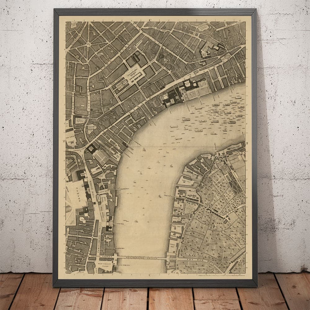 Ancienne carte de Londres, 1746 par John Rocque - C2 - Somerset House Covent Jardin Seven Cadre Waterloo, Charring Cross, Westminster Lambeth